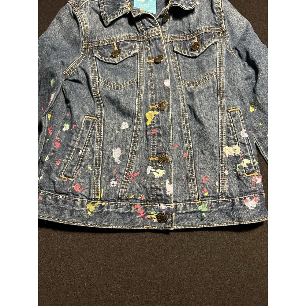 Gap Kids Girls Denim Jacket Paint Splatter Artist Distressed Blue Size M 8/9